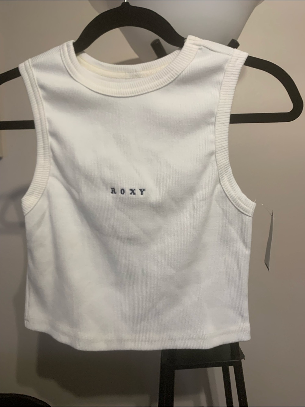 Roxy White Ribbed Crop Tank with Navy Logo